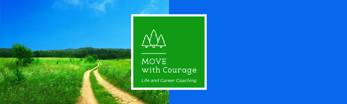 logo for Move with Courage Coaching, dirt path heading into the distance to a clear blue sky and a green grass meadow